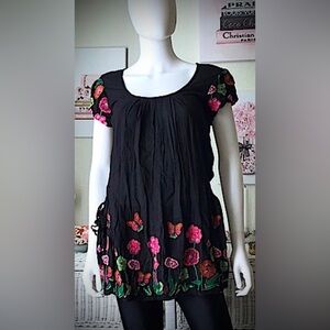 Desigual 60% cotton blend Tunic floral print pink, green, orange on black size S
